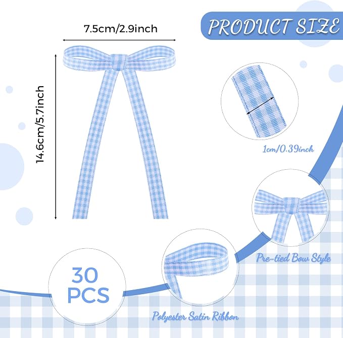 30 Pack Bow Cake Toppers Blue Gingham Ribbons Bows - Image 2