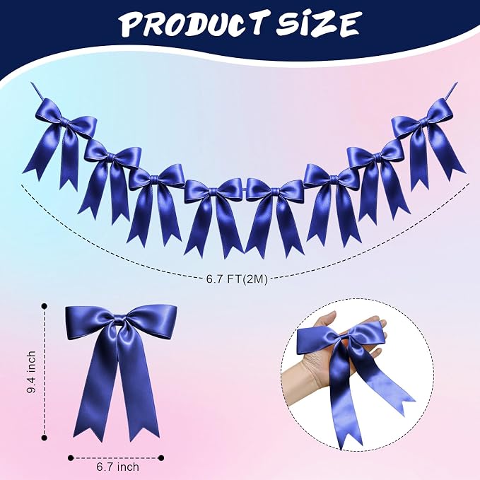 1 String of 8PCS Navy Blue Bow Garland Banner Decoration, Pre-Strung Satin - Image 2