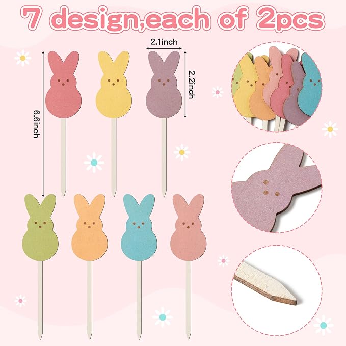 TICIAGA 14PCS Easter Wooden Picks Decorations - Image 2