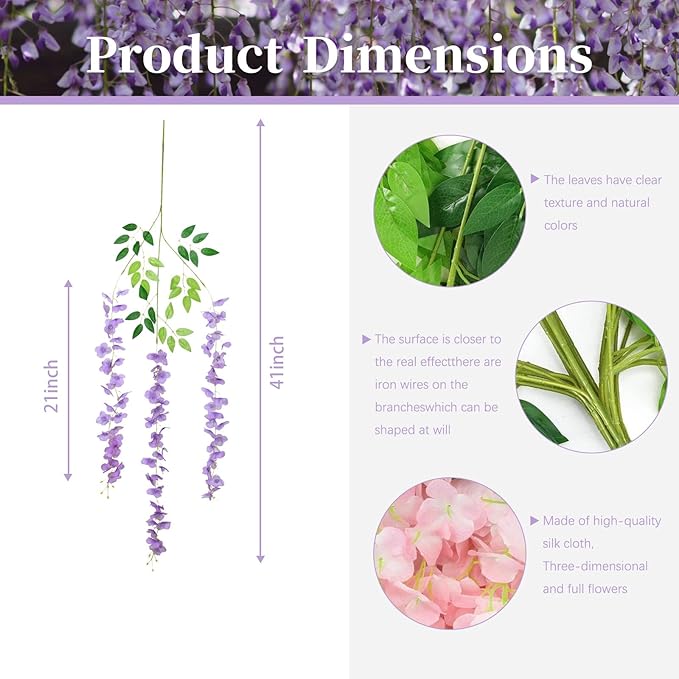 12 Pack Light Purple Wisteria Hanging Flowers, 3.44 Ft Fake Hanging Flowers, Artificial Wisteria Garland Vines for Wedding Room Backdrop Outdoor Patio Garden Decoration
