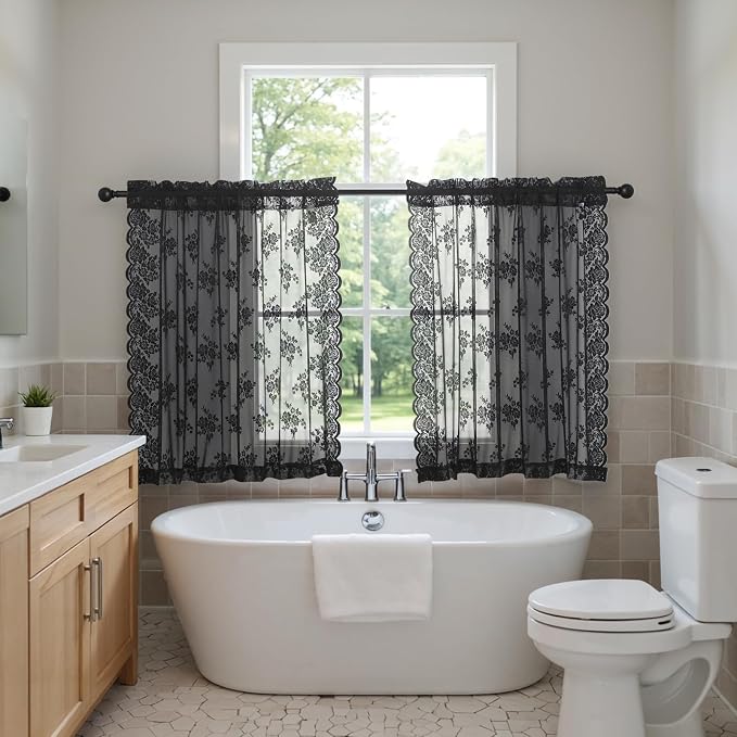 Kotile Black Lace Kitchen Curtains Rustic Floral W52 x L36 Inch, 2 Panels | Rod - Image 5