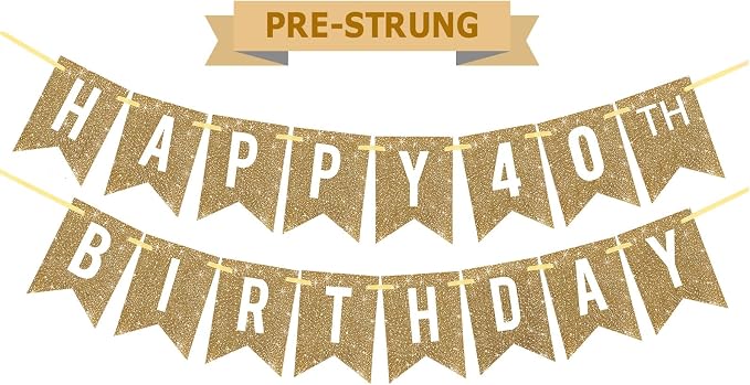 Netnology Pre-Strung Gold Glitter 40th Happy Birthday Banner Decorations | 12 by Netnology