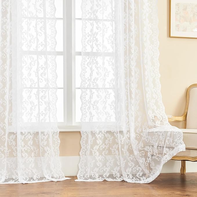 FOLKSIDE White Lace Curtains 63 Inch Length 2 Panels Set Western Paisley - Image 3
