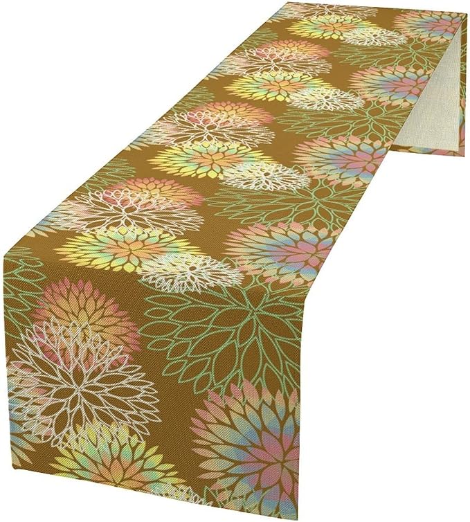 Brown Grey Dahlia Flower Table Runner, Linen Geometric Pattern Floral Table Decor Spring Farmhouse Decorations for Kitchen Dining Holiday Party Decor, 13x120 Inch