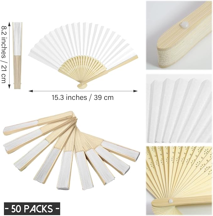 50 Packs White Paper Fans Paper Hand Fan Bamboo Folding Fan Handheld Fan Paper - Image 2