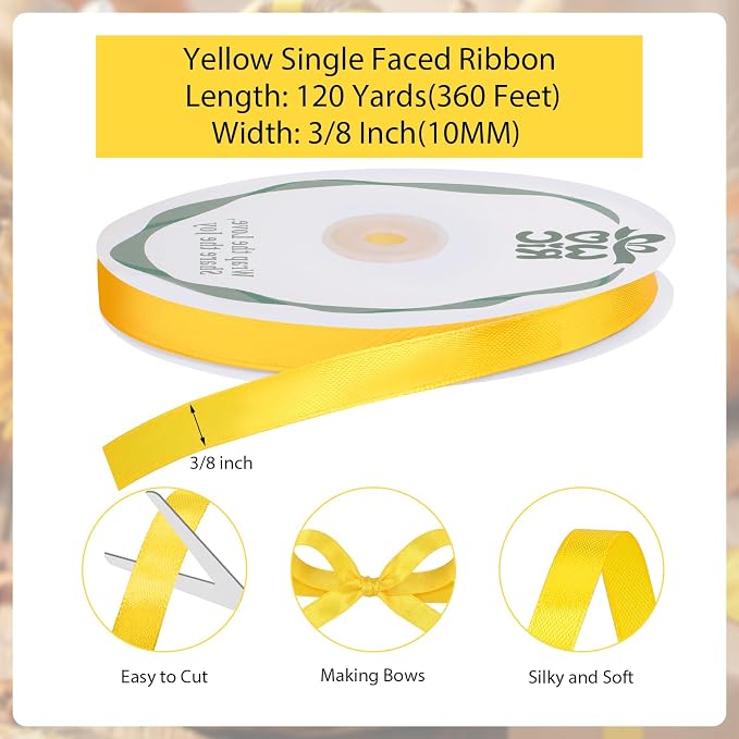 woric 120 Yards Yellow Satin Ribbon 3/8 Inch Ribbon - Image 2