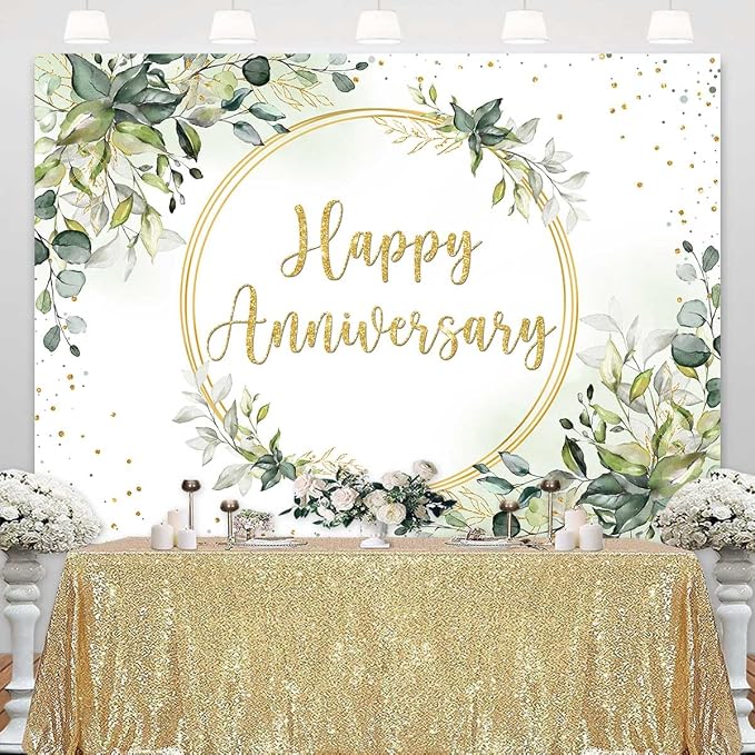 7x5ft Happy Anniversary Backdrop Sage Green Eucalyptus Wedding Anniversary - Image 2