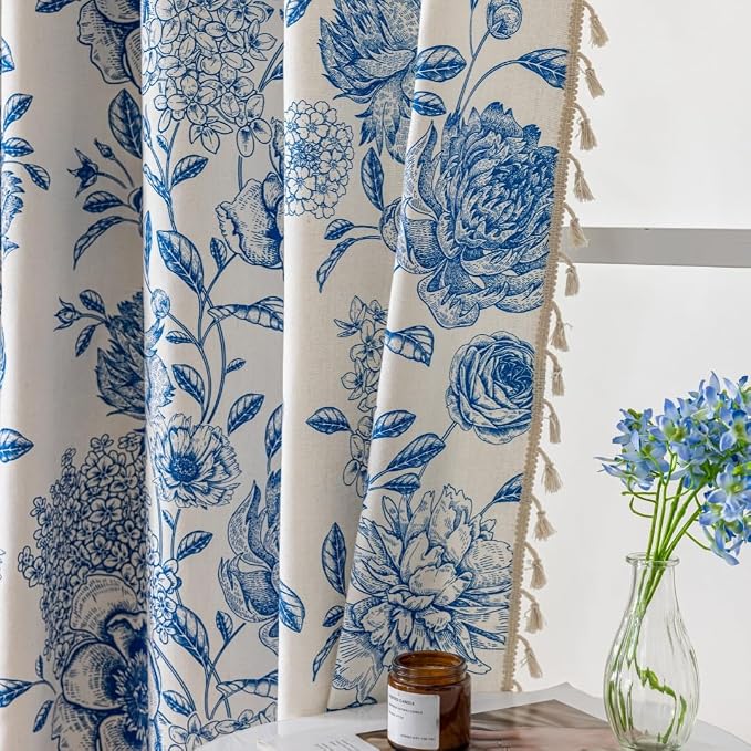 F-CHU Blue Floral Curtains Bohemian Drapes 72 Inch Length Cotton Linen Boho - Image 4