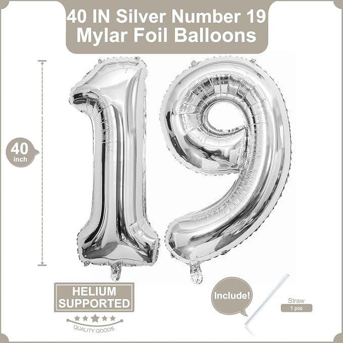 40 Inch Silver 19 Balloons Giant Number 19 Balloons Silver 19 Birthday Balloons - Image 2