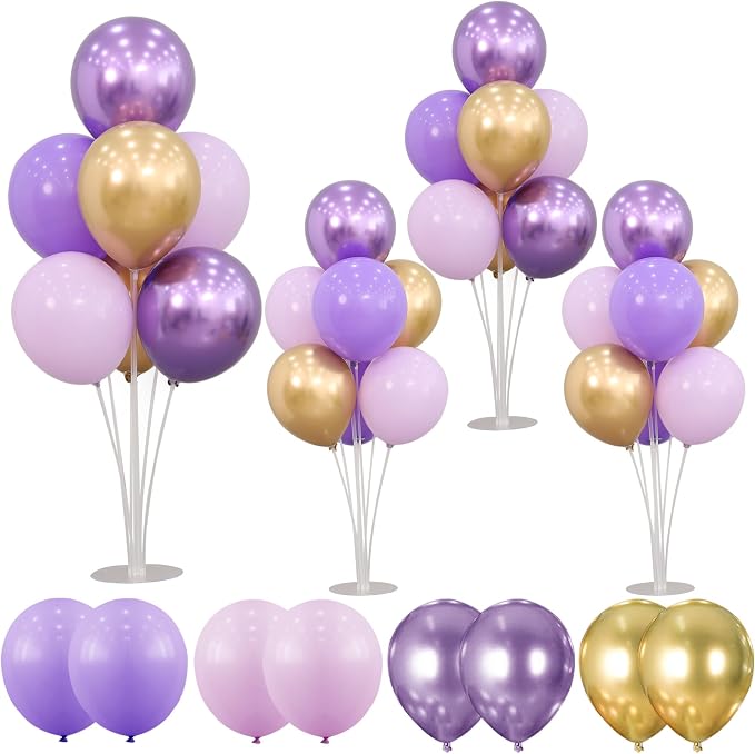4 Sets Balloon Stands Kit for Table Purple Gold Balloons Holder Sticks by JUIIZAY