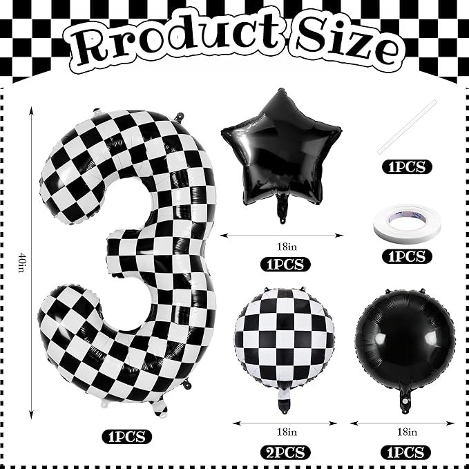 40 Inch Checkered Number 3 Balloon, Kids Boys Racing Theme Party Supplies - Image 5