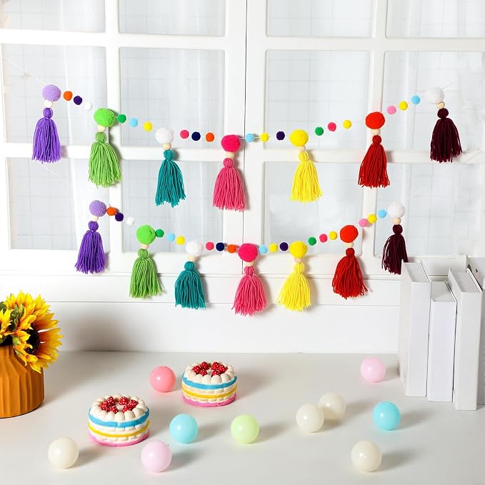 Janinka 2 Pcs Pom Pom Tassel Garland Classroom Each 13.2 Feet Boho Rainbow Felt - Image 5