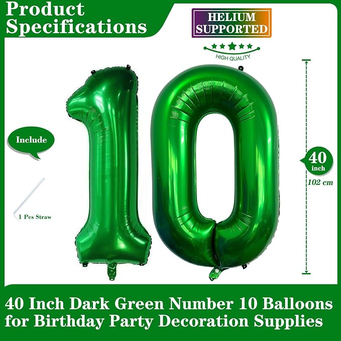 Dark Green 10 Number Balloons, 40 Inch Giant Number 10 Balloons Foil Mylar - Image 2