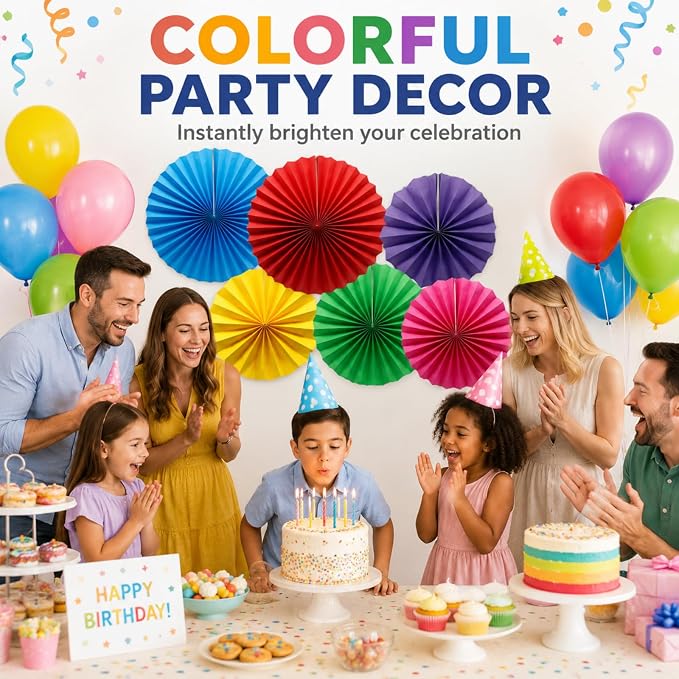 6-Pack Colorful Paper Fans, Hanging Party Decorations | Round Pattern Rosettes - Image 6