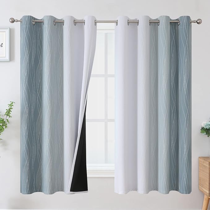 Stone Blue and Greyish White Blackout Curtains 63 Inch Length 2 Panels Set by ESTELARTEXTILER