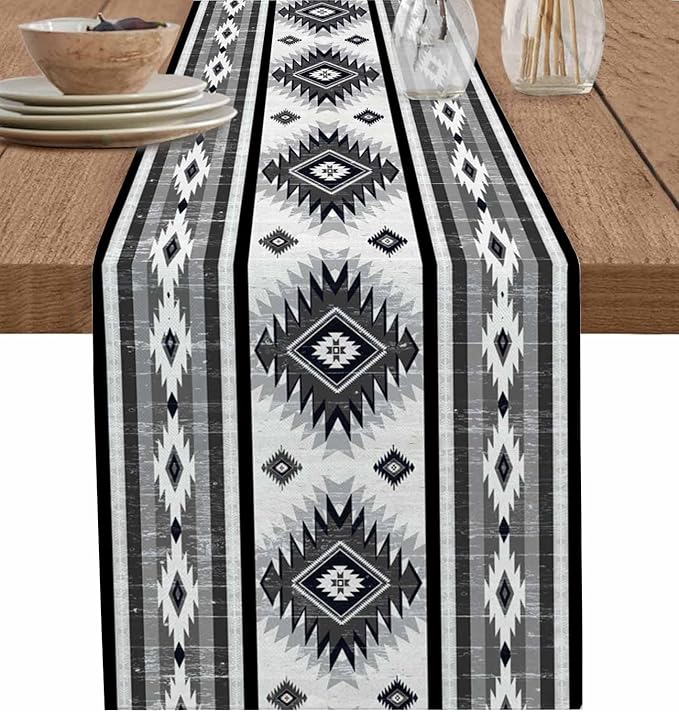 Aztec Southwest Cotton Linen Table Runner for Dining Kitchen, Wedding Outdoor Party Tablerunners Decoration, Boho Ethnic Tribes Vintage Grey Dresser Scarf Coffee Tablecloth Runners 13x108 Inches