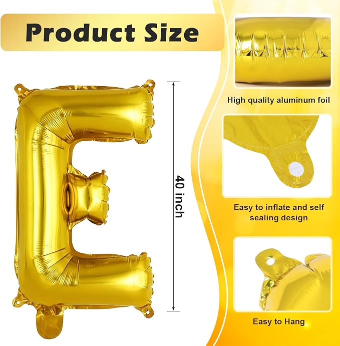 Gold Letter E Balloons, 40 Inch Large Foil Letter Balloons, Custom Phrase - Image 2