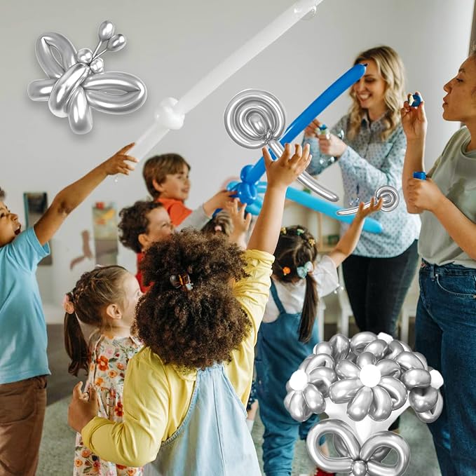Silver Metallic 260 long Balloons 100 Pack Modeling Long Magic Balloons Shiny - Image 6