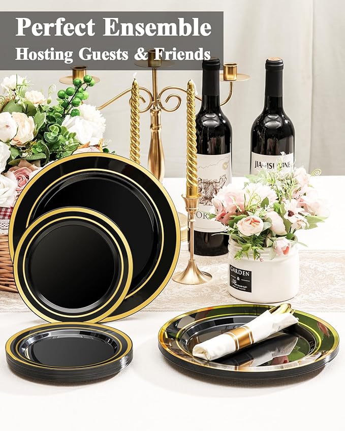 100PCS Black Plastic Plates Set with Gold Rim, 50 10.25 inch Dinner Plates and 50 7.5 inch Dessert Plates, Premium Disposable Plates forfor Party, Wedding, Holiday,And Halloween