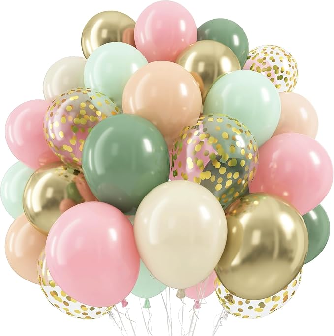 Sage Green and Pink Balloons, Dusty Green Pastel Pale Pink Light Orange Ivory by Froova