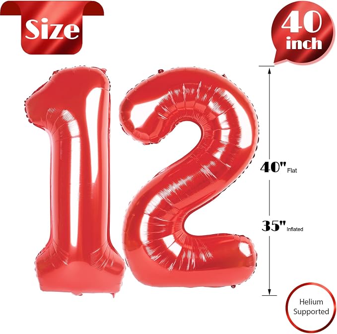 Red 12 Balloon - Number Balloon 40 Inch, 12th Red Birthday Decorations | Large - Image 5