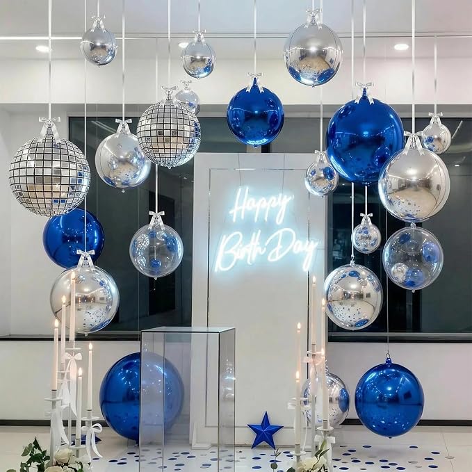 9 Pcs Blue Silver Round Foil Balloons Dark Navy Blue Metallic Silver Disco 4D - Image 7