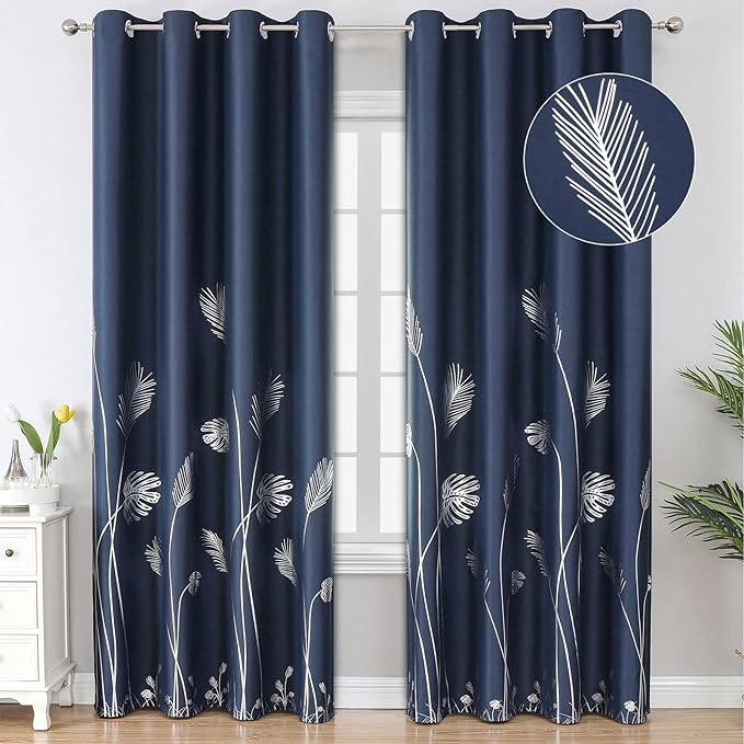 Elegant Silver Palm Tree Pattern Blackout Curtains Foil Print Light Blocking by ESTELARTEXTILER