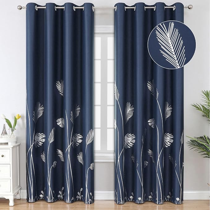 Navy Blue Blackout Curtains for Living Room 84 Inches Long Silver Palm Tree by ESTELARTEXTILER