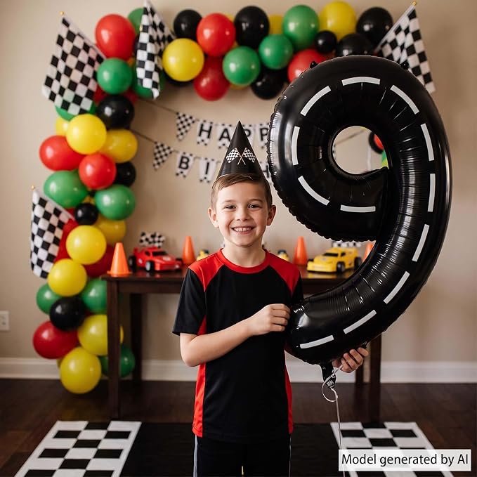 Black and White Stripes Number 9 Balloon 40 Inch, Speedway Theme Numeral | Cool - Image 2