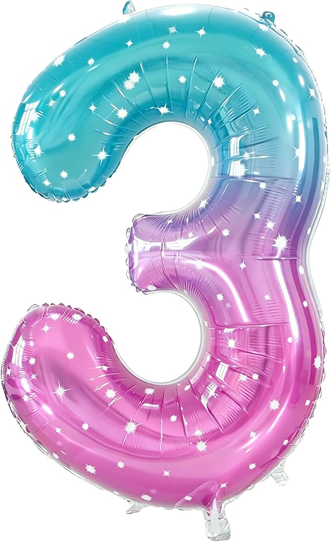 Number 3 Foil Balloon with Crown, 40-Inch Gradient | Gradient star print number by GifloonOfficial