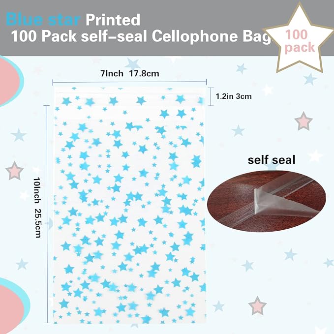 COQOFA 100 Pcs Star Printed Sealable Gift Wrap Cello Cellophane Bags Self - Image 2