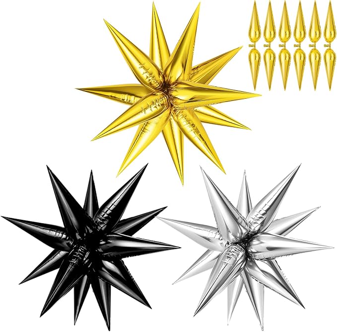 Black Gold Silver Foil Star Balloons, Cone Mylar Spike Balloons Fireworks by GCTWFYK