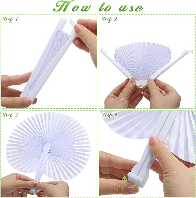 Yulejo 100 Packs White Wedding Fan Round Folding Paper Fans - Image 4