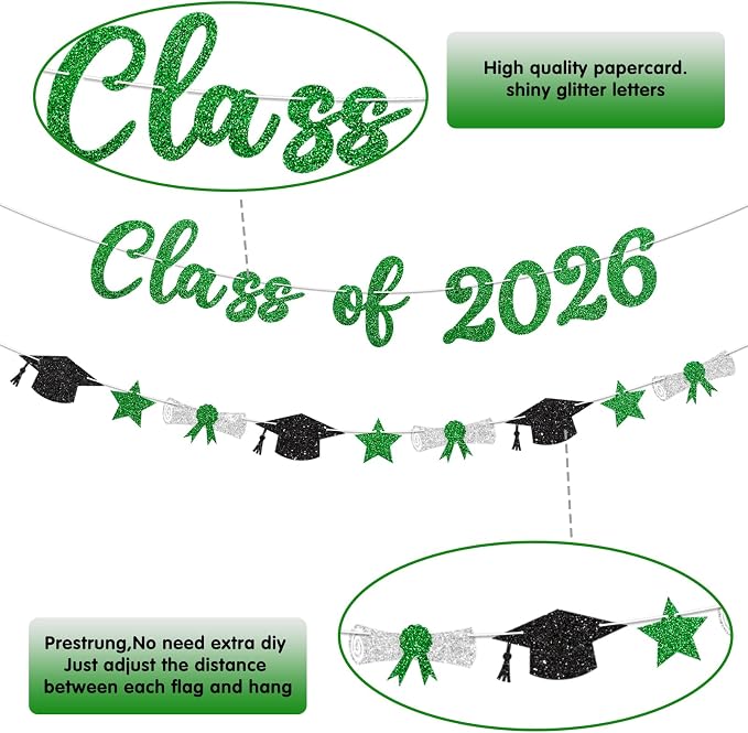 Class of 2026 Banner Green Graduation Decorations Prestrung 2026 Graduation - Image 3