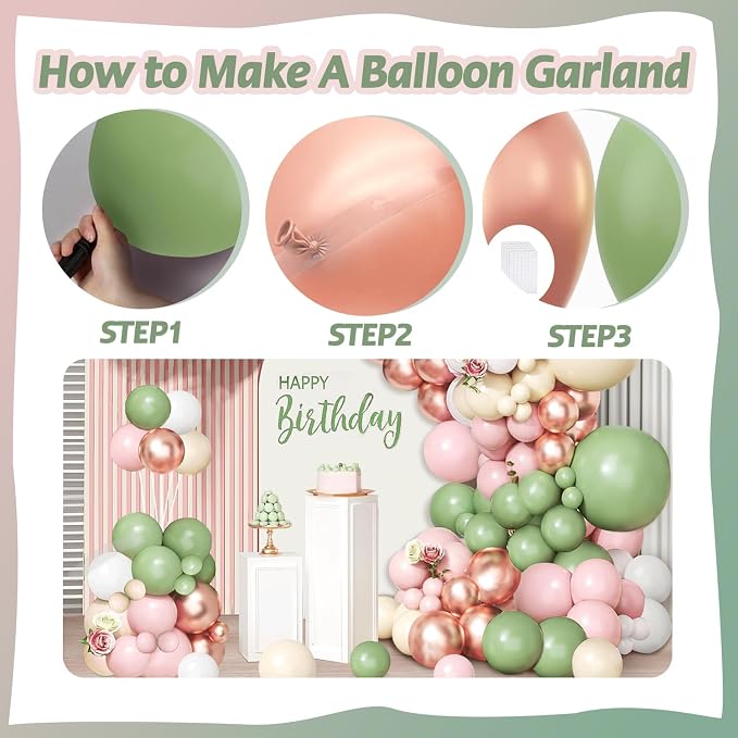 Sage Green Pink Balloon Arch Kit, Sand White, Rose Gold, Different Size | Latex - Image 3