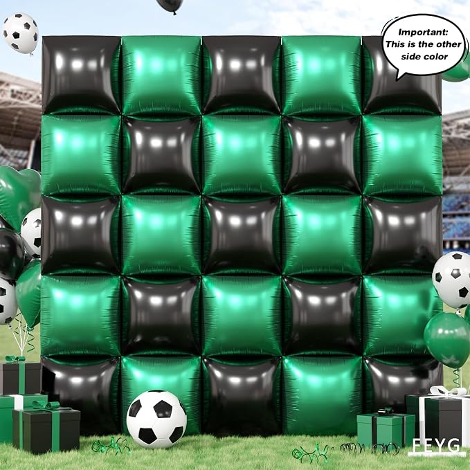 Metallic Green Silver and Black Soccer Square Foil Balloons Wall, 19 Inches - Image 3