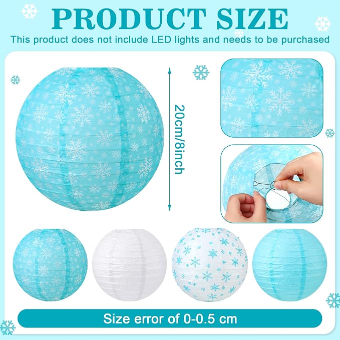 Panelee 12 Pcs Winter Party Decorations Paper Lanterns 8 Inch Blue White Round - Image 2