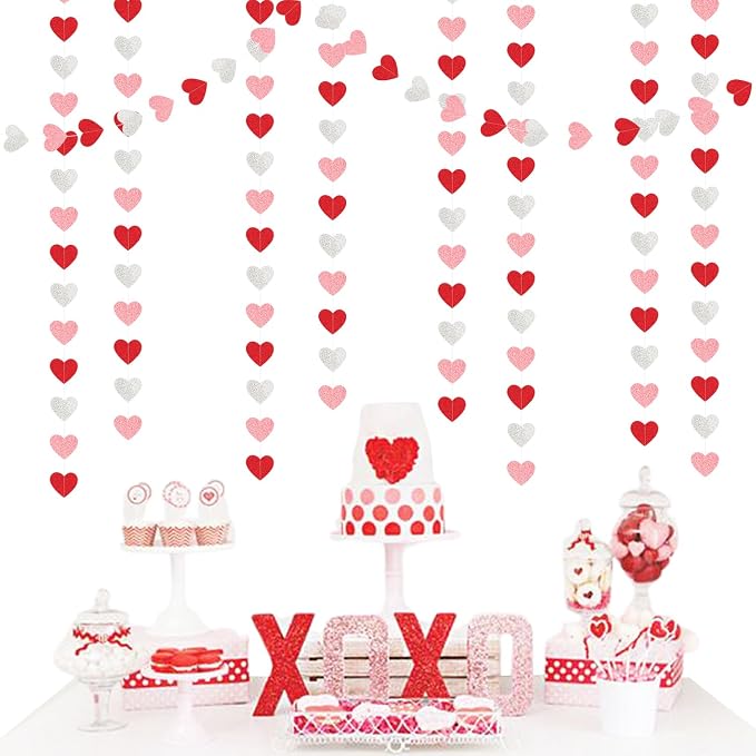 Glitter-Red Silver-Pink Valentines Party-Decorations Heart-Garland - 52ft - Image 4
