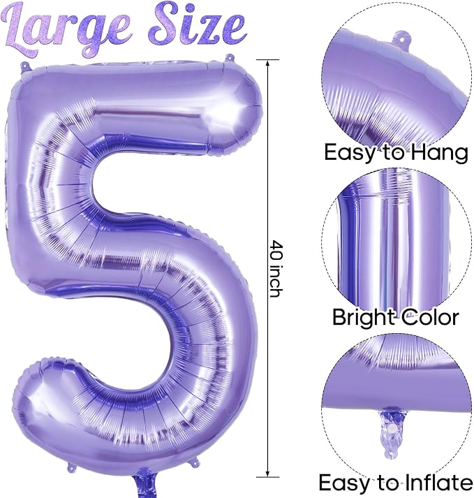 Purple Number 5 Balloon 40 Inch, Big Large Foil Helium Number Balloons - Image 3
