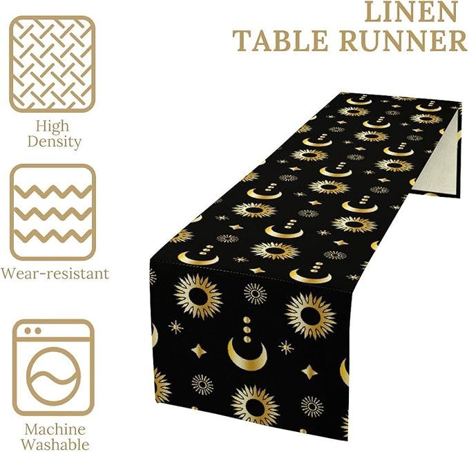 Magic Gold Sun Moon Stars Table Runner Mystical Farmhouse Rustic TableRunner for Party Holiday Dining Room Kitchen 13x36 Inch