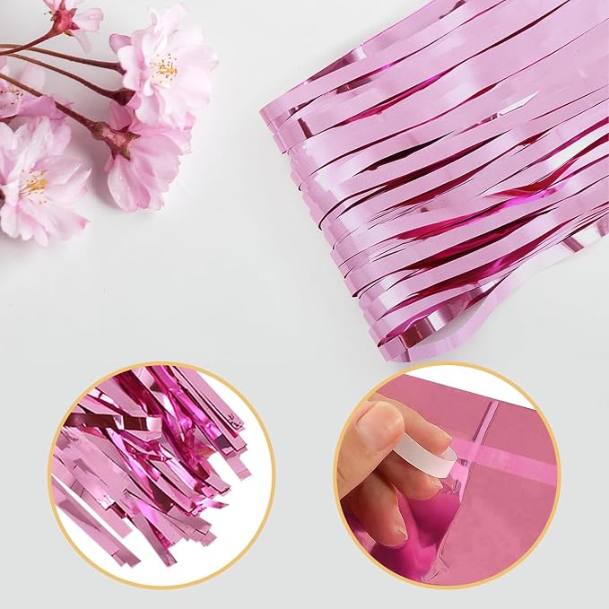 5 Pack Pink Foil Curtain Backdrop 3.2ft x 9.8ft Metallic Tinsel Foil Fringe - Image 4
