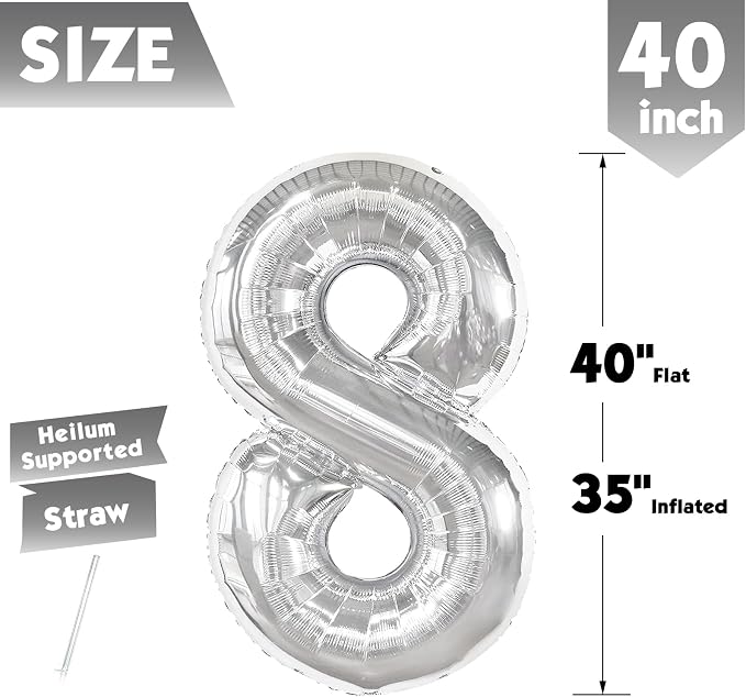 40 Inch Silver Number 8 Balloon Birthday Party Decorations - Image 5