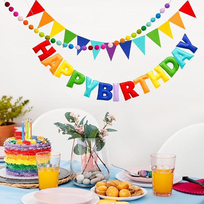3 Pcs Pre-Strung Happy Birthday Banner, Felt Ball Garland, Pennant Triangle - Image 7