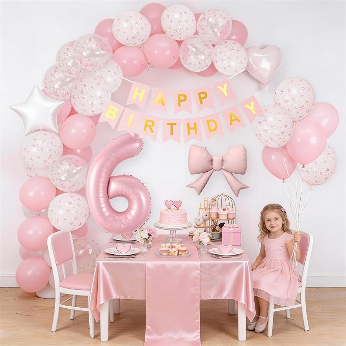 6th Pink Bow Birthday Decorations, 6th Birthday Balloon | Pink White Pastel Bow - Image 6