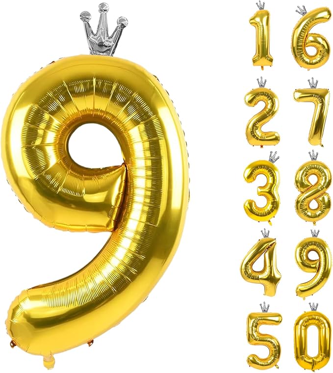 Gold Number 9 Balloon with Crown, 40 inch Gold Number Balloon 9th Birthday by Yeodong