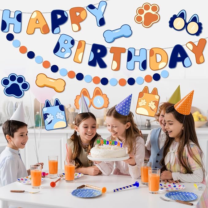 Pre-Strung Happy Birthday Banner, NO DIY Party Decor | Blue Dog Themed Birthday - Image 6