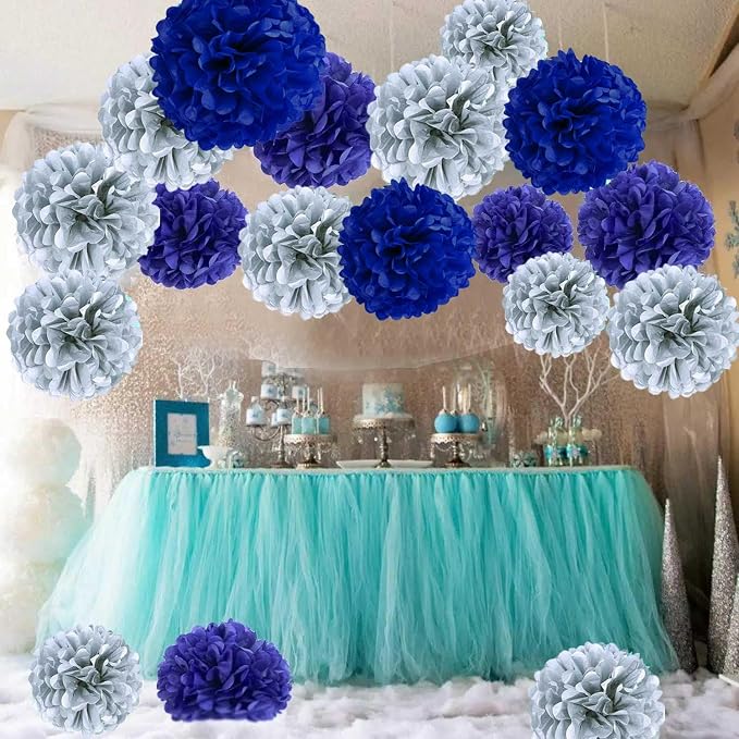 BRZIKWT 12 Pcs Blue Silver Tissue Paper Pom Poms - Image 2