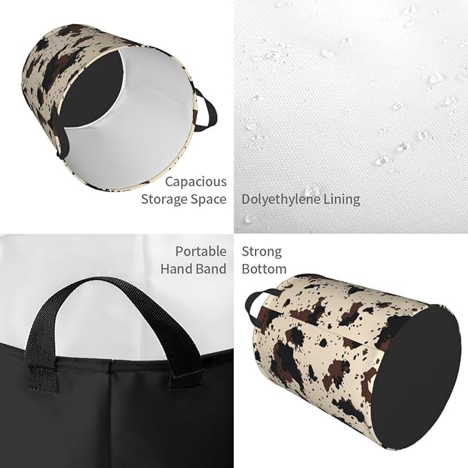 Highland Cow Texture Round Laundry Hamper Cowskin Print Storage Basket Toys - Image 3