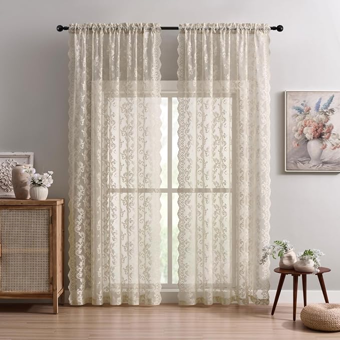 FOLKSIDE Khaki Lace Curtains 72 Inches Long 2 Panels Victorian Floral Sheer - Image 2