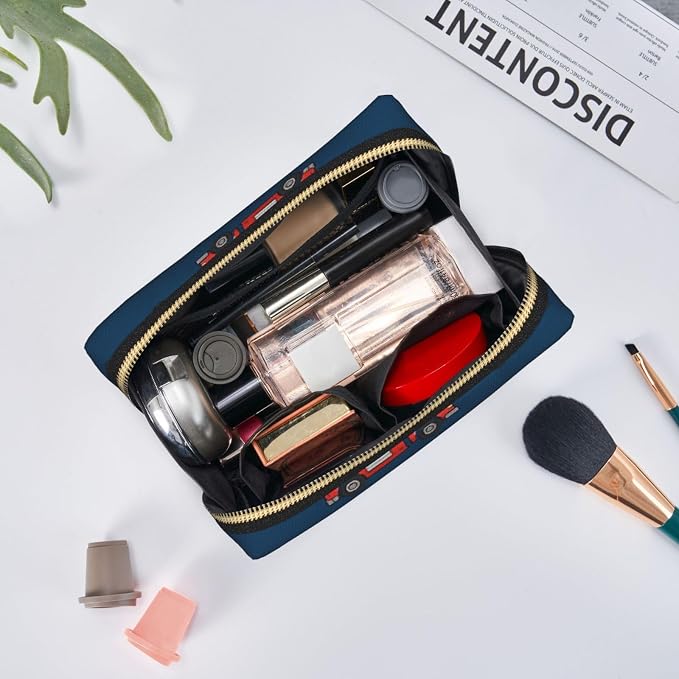 Navy Blue Transportation Leather Makeup Bag Cosmetic Pouch Portable Travel - Image 6